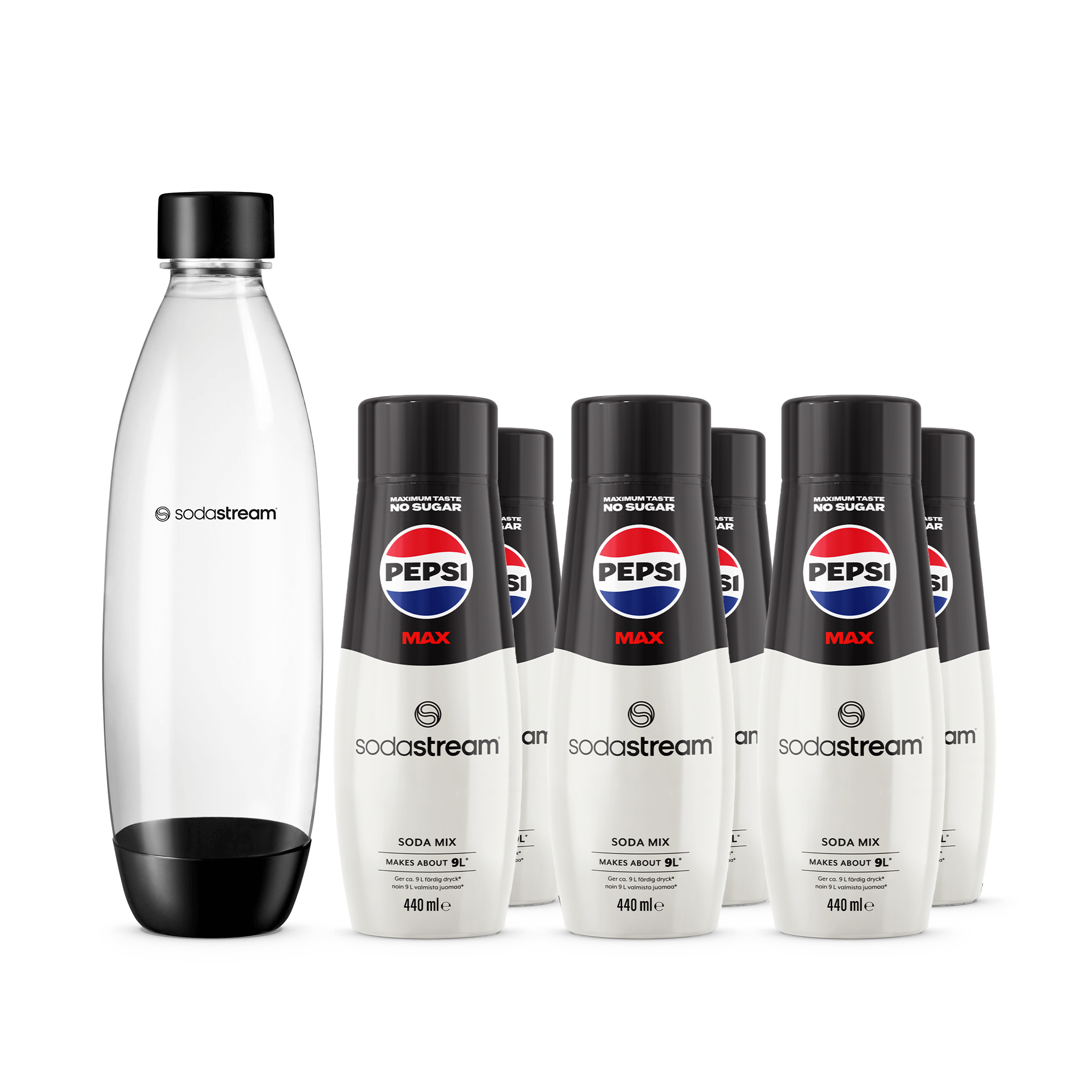 6-pack Pepsi Max + 1L Fuse Flaske, som tåler oppvaskmaskin sodastream